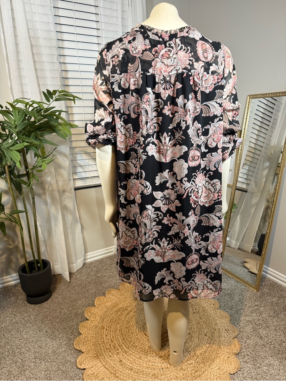 LOFT Black Floral Paisley Pintuck Tie-Neck Mini Dress - Picture 5 of 9